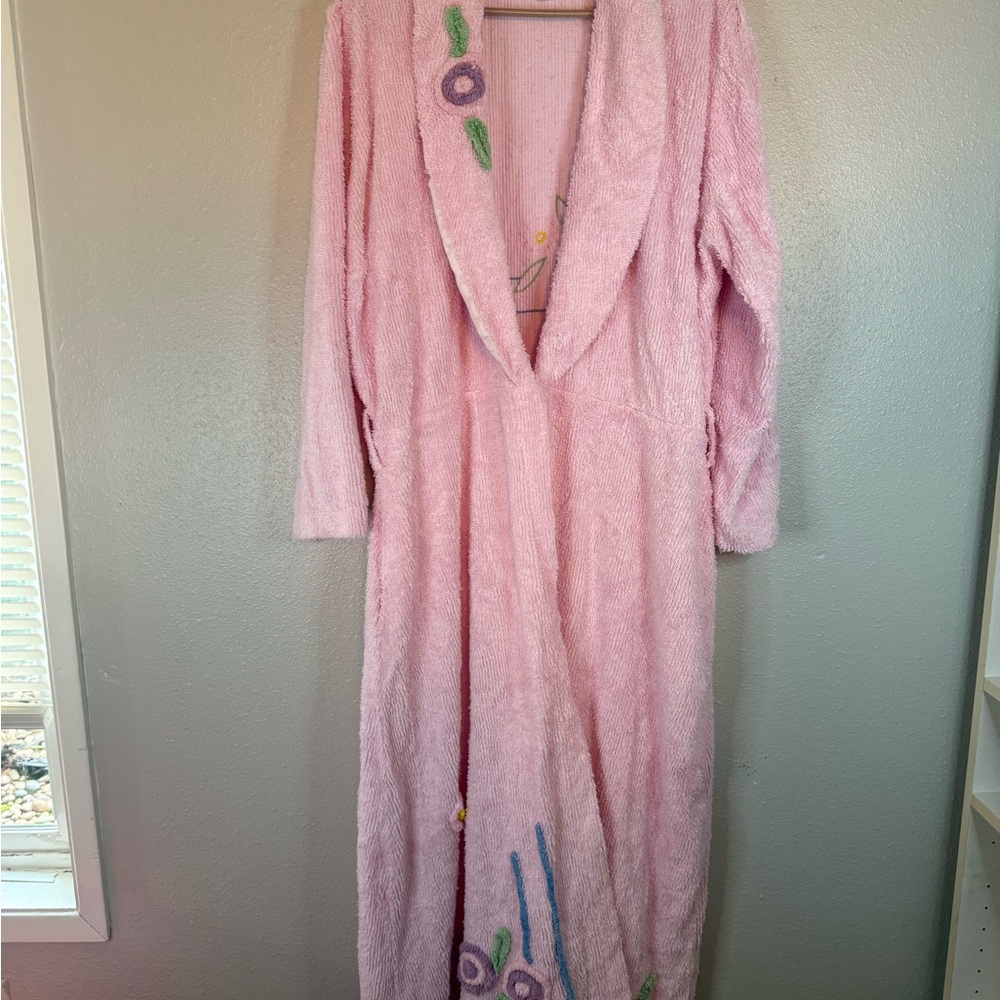 vintage Canyon Group chenille bathrobe Pink Plush Floral Embroidered Long Robe